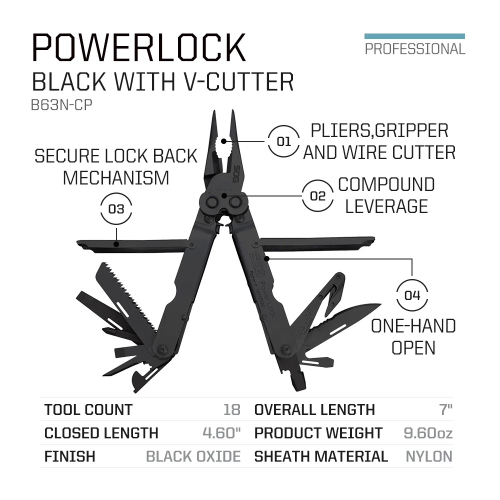 Imagem -03 - Powerlock Professional Multitool Alicadores Táticos Ferramentas de Dobramento do Bolso Edc Sobrevivência ao ar Livre Equipamentos de Camping -b63n-cp Sog18 in