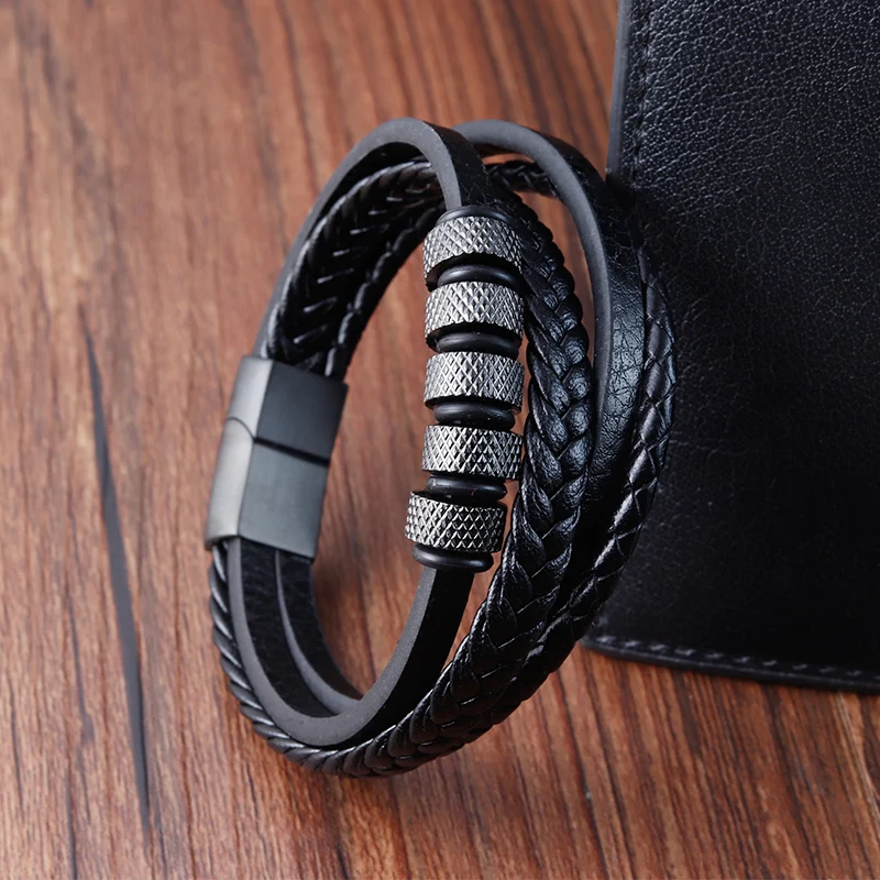 Retro Style Double Stitching Combination Small Accessories Stainless Steel Men's Leather Bracelet Promotional Price For Gift