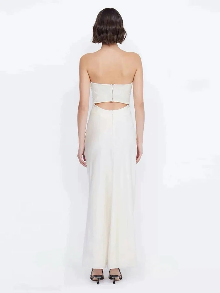 새로운 섹시한 스트랩리스 홀로우 아웃 롱 드레스 여성용 화이트 슬리브리스 컷아웃 백리스 슬림 드레스 우아한 이브닝 파티 가운