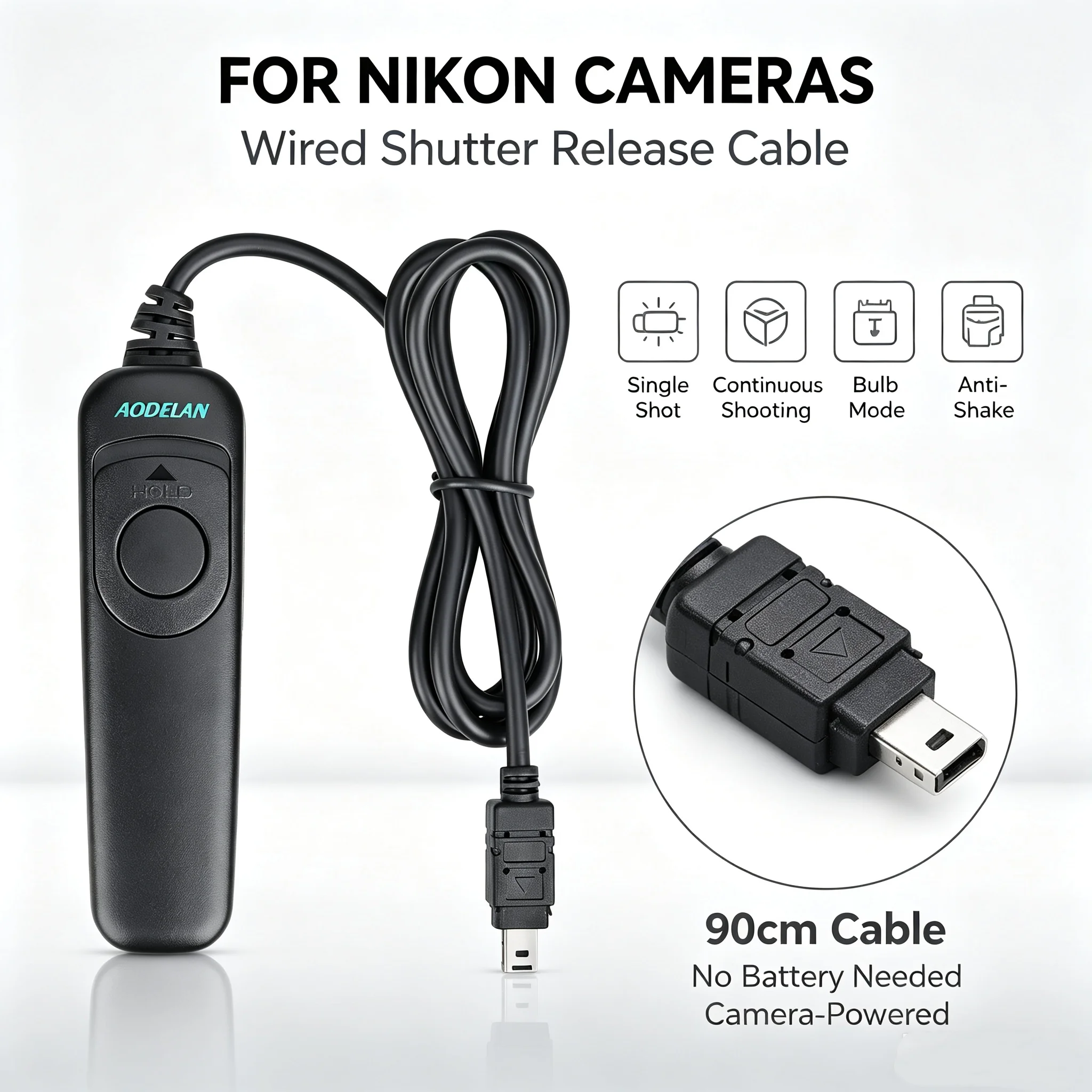 AODELAN MC-DC2 Wired Shutter Release Cable 90cm for Nikon Z7II Z6III Z5 D780 D7500 D610 D5600 D90 P1000 P1100 No Battery Require