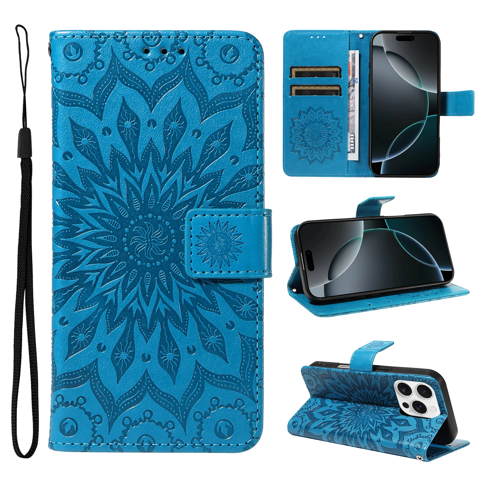 

Leather Phone Case iPhone 14 Plus iPhone 15 Promax Sunflower Embossed Card Slot+small Hanging Rope Portable