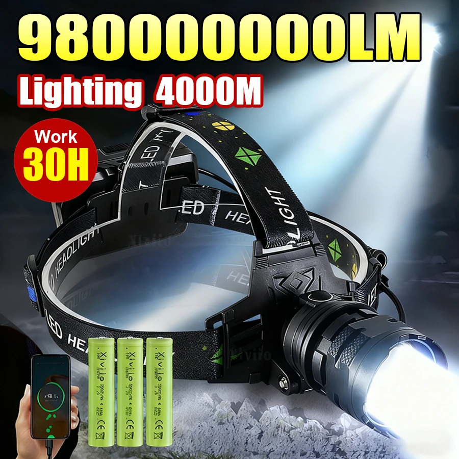 

98000000LM Используйте 30-часовой сверхмощный светодиодный налобный фонарь Супер яркие перезаряжаемые фары дальнего действия 4000 м налобный фонарь для рыбалки на открытом воздухе, охоты, кемпинга