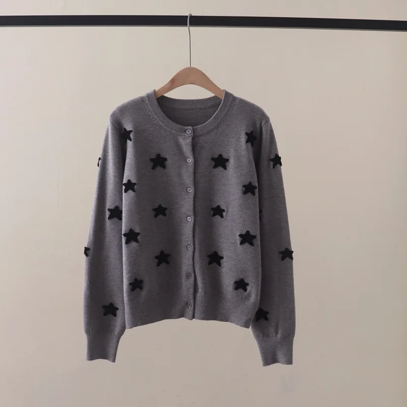 

Autumn and Winter New Sweet College Style Flocking Embroidered Five-Pointed Star round Neck Long Sleeve Knitted Cardigan Sweater