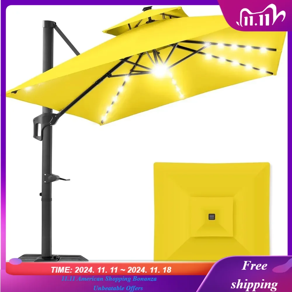 10x10ft 2-Tier Square Cantilever Patio Umbrella with Solar LED Lights, Outdoor Sun Shade for Backyard w/Included Fillable Base