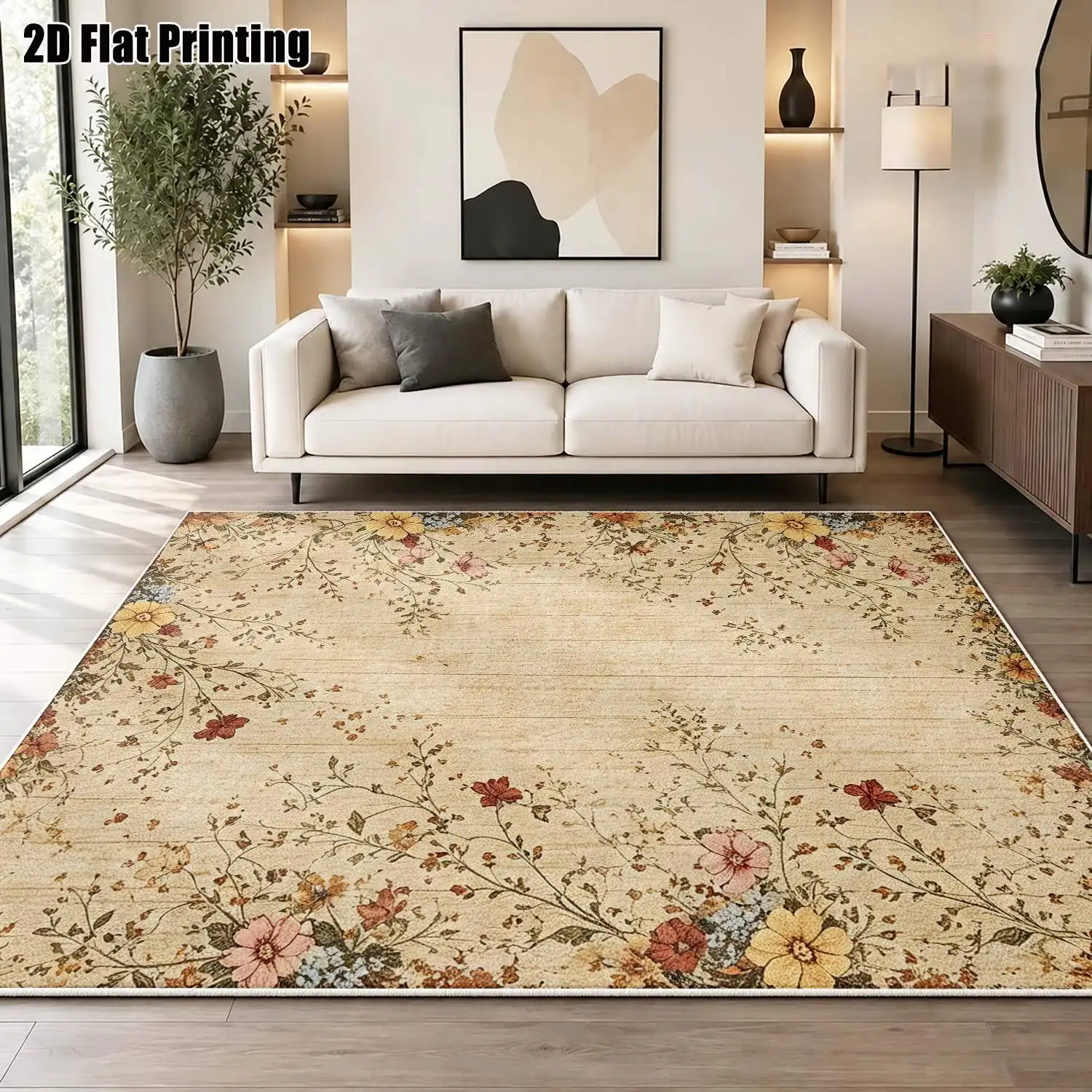 1Pc 2D Printed Retro Yellow Pink Floral Velvet Carpet, Machine Washable Multi-Size Home Decor Rug for Entrance, Dining, Bedroom, Living Room
