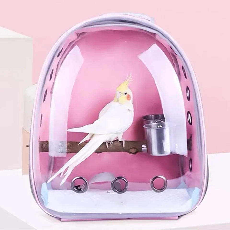 Bird Carrier Bag Parrot Backpack with Prech and Feeder Cups for Parakeet Cockatiel Bunny Travel Acrylic Portable Pet Bird Cage