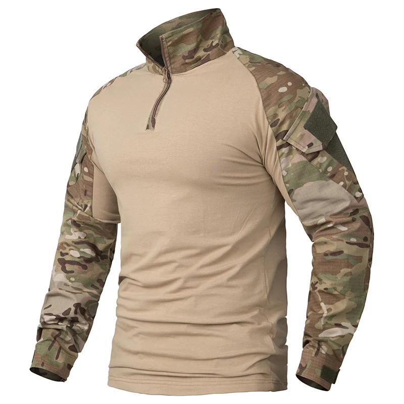 Men's Camouflage Tactical Shirt 1/4 Zip Long Sleeve Combat T Shirt Cotton Camo Uniform Airsoft Shirts