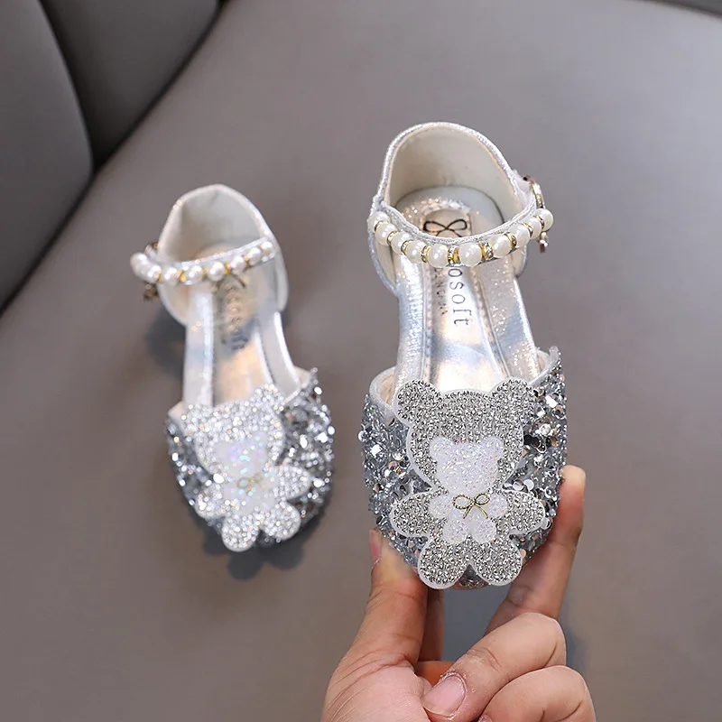 Kids Shoes for Girl Fashion Elegant Glitter Wedding Sandals Children Rhinestone Bear Sequins Flat Princess Beading Leather Shoes