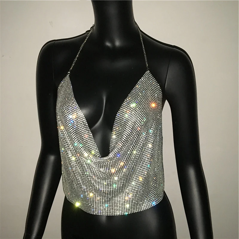 Festival Brilliant Rhinestone Backless Party Crop Top Women 2024 Summer Glitter Evening V Neck Diamonds Metal Tank Tops