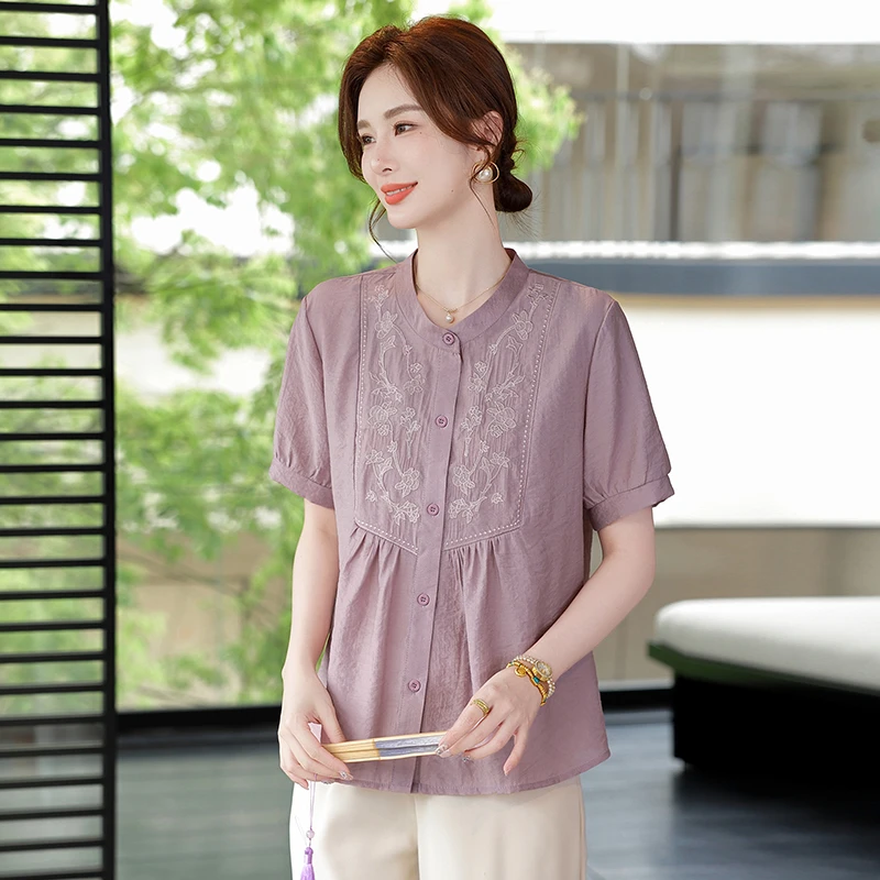 

Women's Embroidered Blouse Short Sleeve O Neck Loose Fit Casual Top