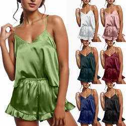 3xl Women Satin Pajamas Set Spaghetti Strap Tops And Ruffled Shorts Suit Comfort Solid Color Nightwear Home Clothes Pijama Mujer