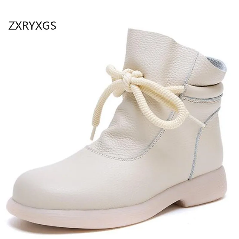 ZXRYXGS 2024 Retro Style Single Genuine Leather Boots Flat Non-slip Comfortable Versatile Woman's Boots Black White Trend Shoes