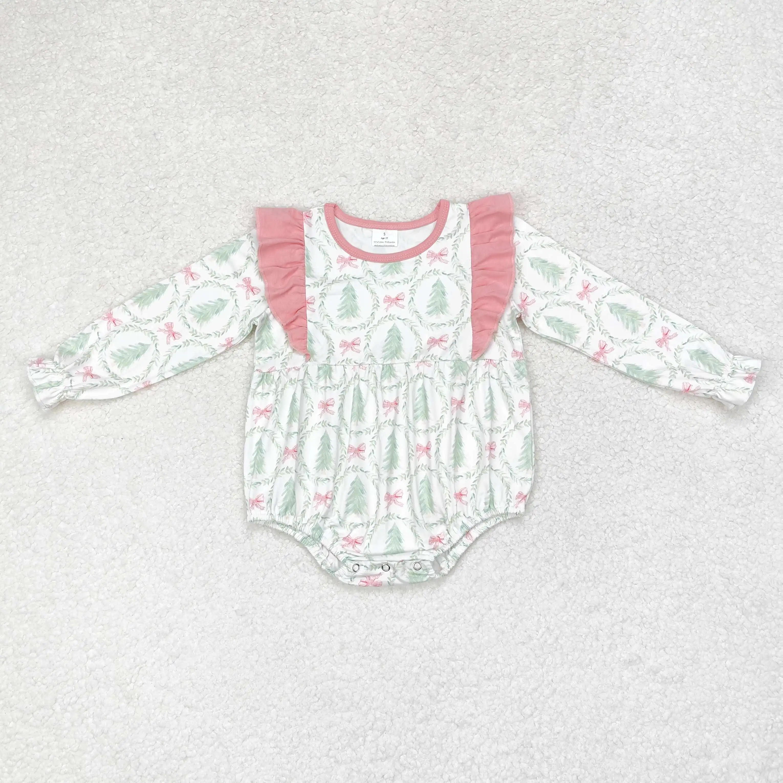 Wholesale hot sale western boutique newborn toddler Baby Girls Christmas tree bow pattern pink lace long-sleeved onesies