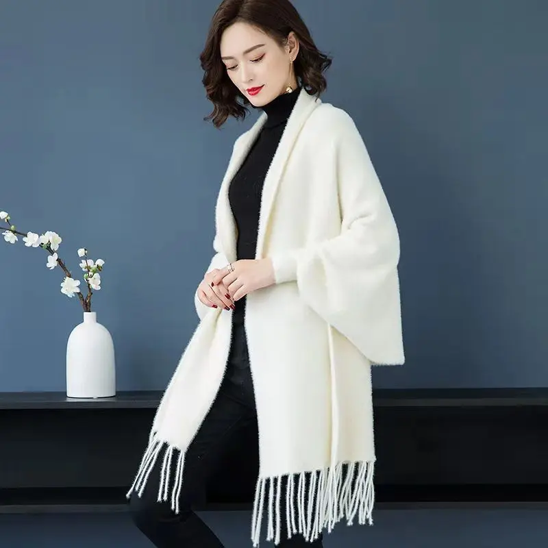 

Poncho female autumn and winter new mink with sleeves solid color outer cape women matching casual cape cardigan coat tops