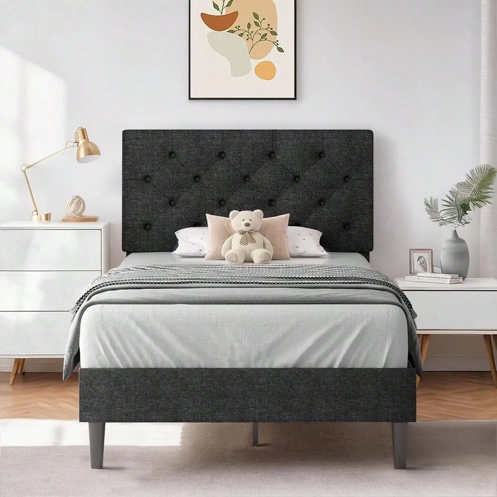 Bed Frame With Headboard, Linen Fabric Bed Frame With Button Tufted Headboard, No Box Spring Needed, Easy Assembly, Twin Full Qu