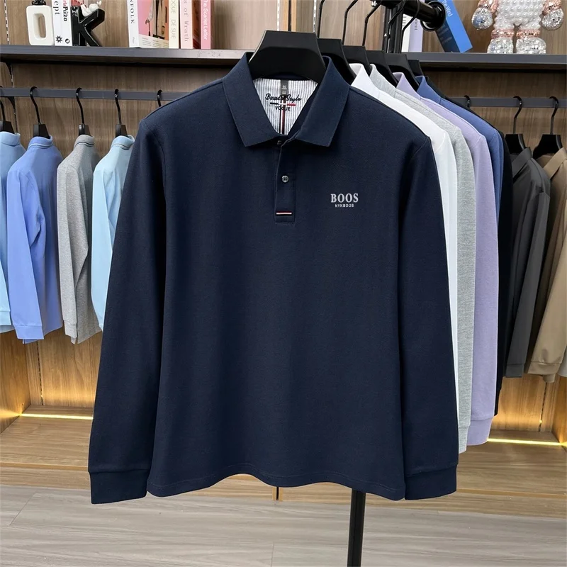 100 % Baumwolle, Herren-Polohemd mit Herbstmuster, knitterarm, weich, einfarbig, langärmliges T-Shirt, bequeme Herrenbekleidung. – Detail 4