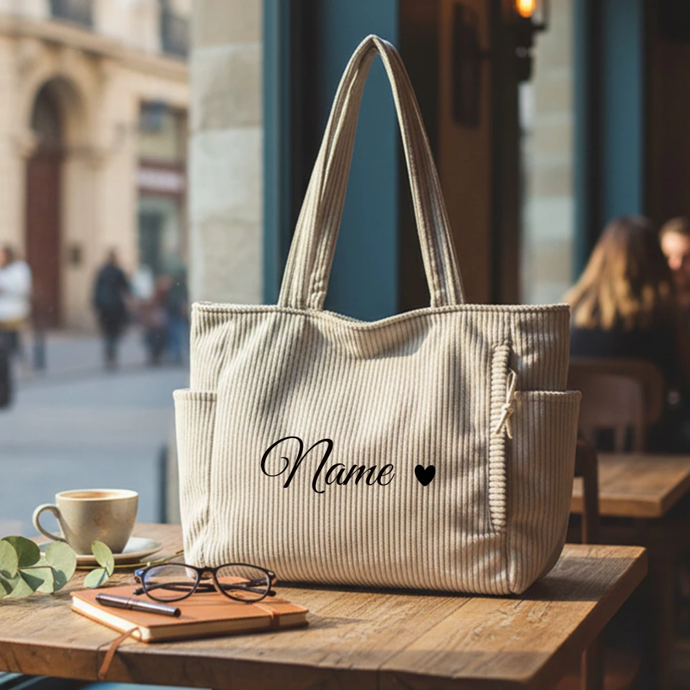 Custom Name Casual Corduroy Handbag with Zipper Closure, Large Capacity Daily Commuter Handbag, Shopping Bag, tote bag view 4