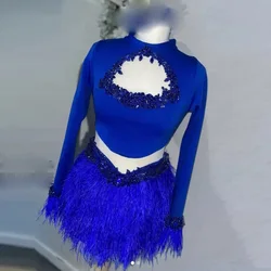 2 Pieces Royal Blue Cocktail Dress Above Knee Short Party Gowns Crystals Feather Prom Dresses Full Sleeve Robes De Cocktail