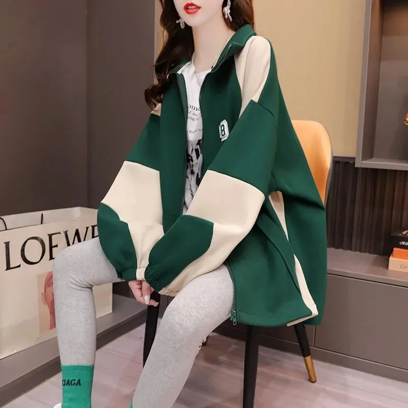 200-300 Catties Leisure Hoodie Cardigan Female 2023 Spring Autumn New Loose Foreign Style Patchwork Hooded Female Coat Commuting