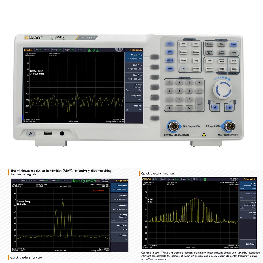 OWON XSA815TG Osciloscopio Digital Spectrum Analyzer LCD 1280x800 1Hz Resolution Bandwidth 9kHz to1.5GHz Frequency Oscilloscope