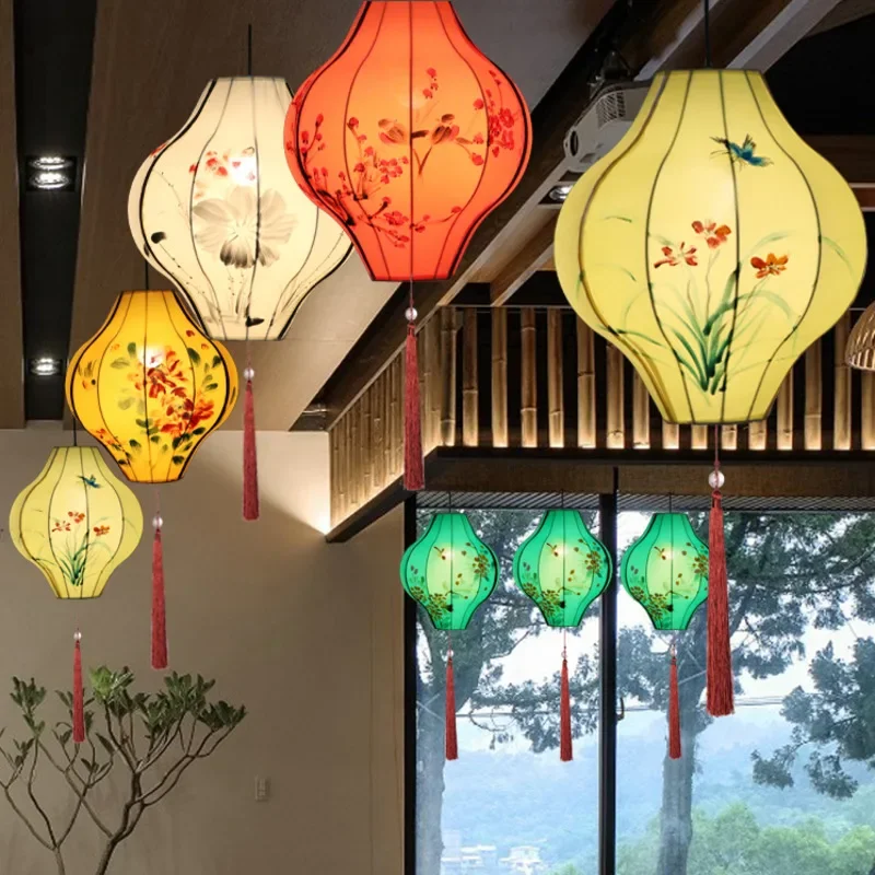   Creative Waist Drum Cloth Art Chandelier Hot Pot Restaurant Decorated Lanterns Chinese Style Antique Handpainted Red Lanterns