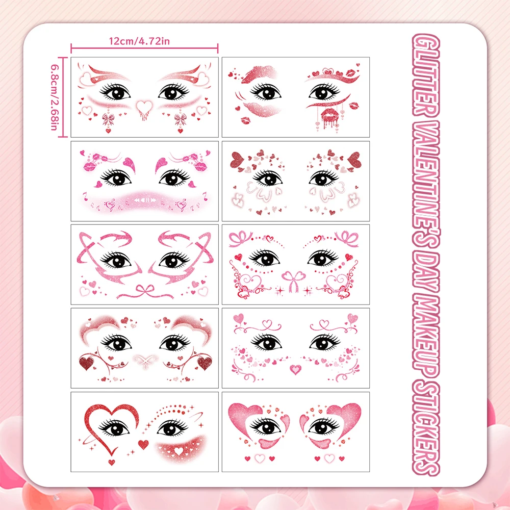 10 قطعة من ملصقات الوشم المؤقت اللامعة اللطيفة للفتيات مكياج الوجه الوردي الحب القلب شارات الوشم المزيفة لعيد الحب الاحتفالي DIY