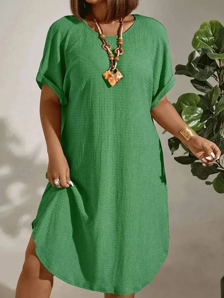 미국 대형 여성 의류 2025 여름 신상 반팔 단색 드레스 대형 티셔츠 미니 드레스 탑 PP3H