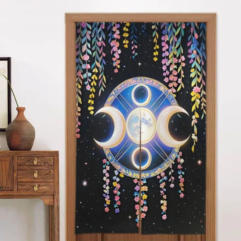 VIKAMA Black Floral Wreath Lunar Phase Door Curtain Colorful Blossom Crescent Full Moon Mystical Symbol Boho Art Linen Noren