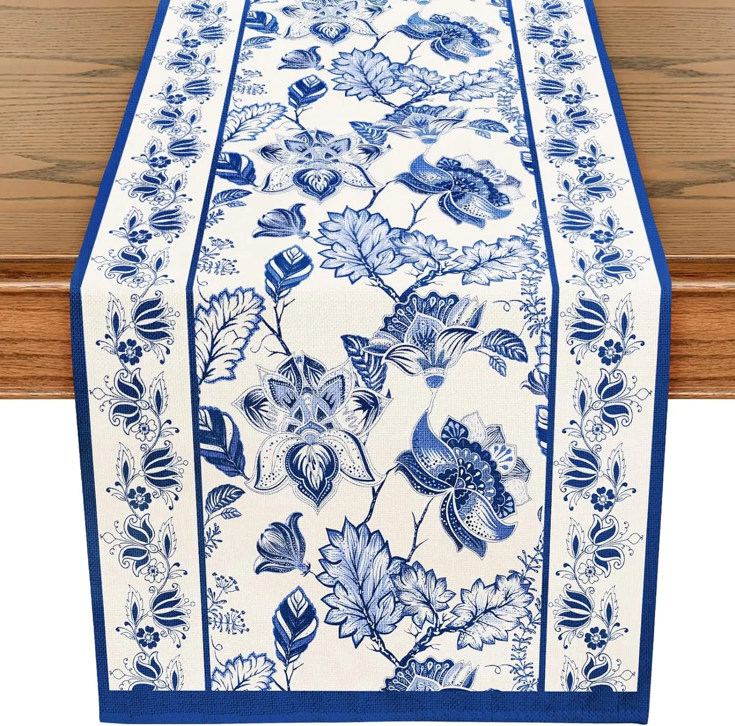 Summer Blue Floral Linen Table Runner Holiday Party Decorations Reusable Farmhouse Kitchen Dining Table Runner Wedding Decor