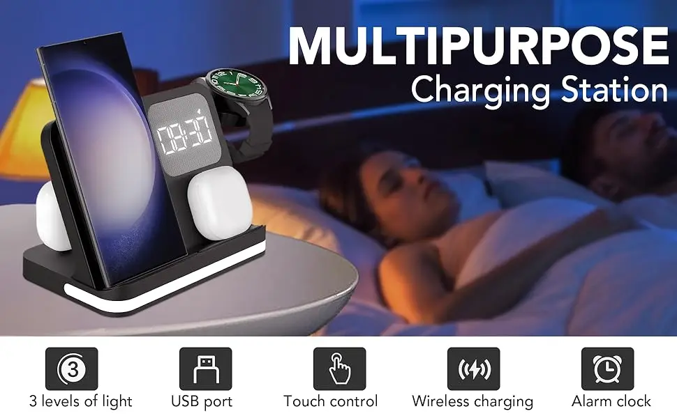 4-in-1 Kabelloses Ladegerät mit Wecker-Ständer für Samsung S26 Fold 7 Galaxy Watch 8 7 6 5 Active 1 2 Buds Pro Schnelle Ladestation – Detail 1
