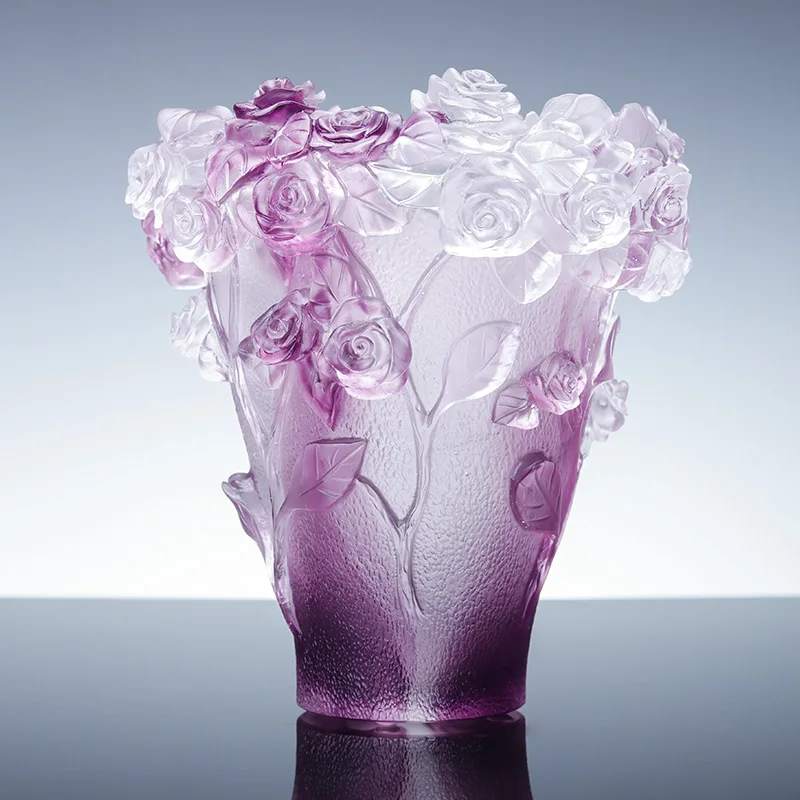 Xiaoqiao Handmade Creative Design Home Decoration Luxury Crystal Glass Vase Embossed Rose Camellia Glassware Glazed Vase