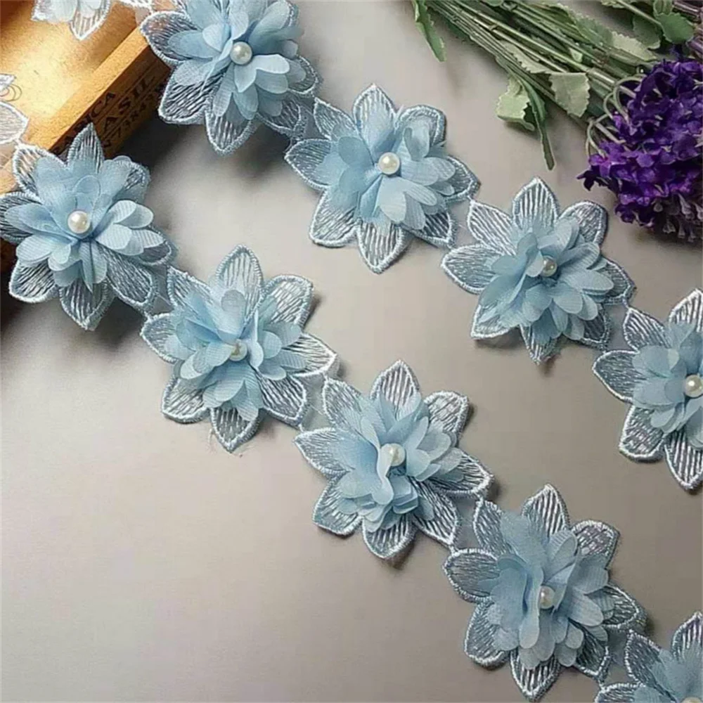 10X Cielo blu solubile fiore rosa perla chiffon ricamato pizzo nastro tessuto cucito artigianale patchwork decorazione fatta a mano