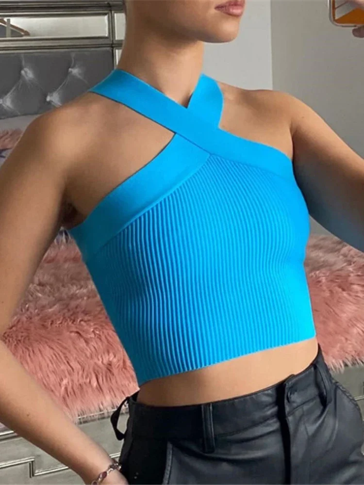 Sexy Women Knitted Tank Tops Summer Slim Off Shoulder Croppded Top Solid Halter Base Vest Black Hot Tops for Women 2024 New