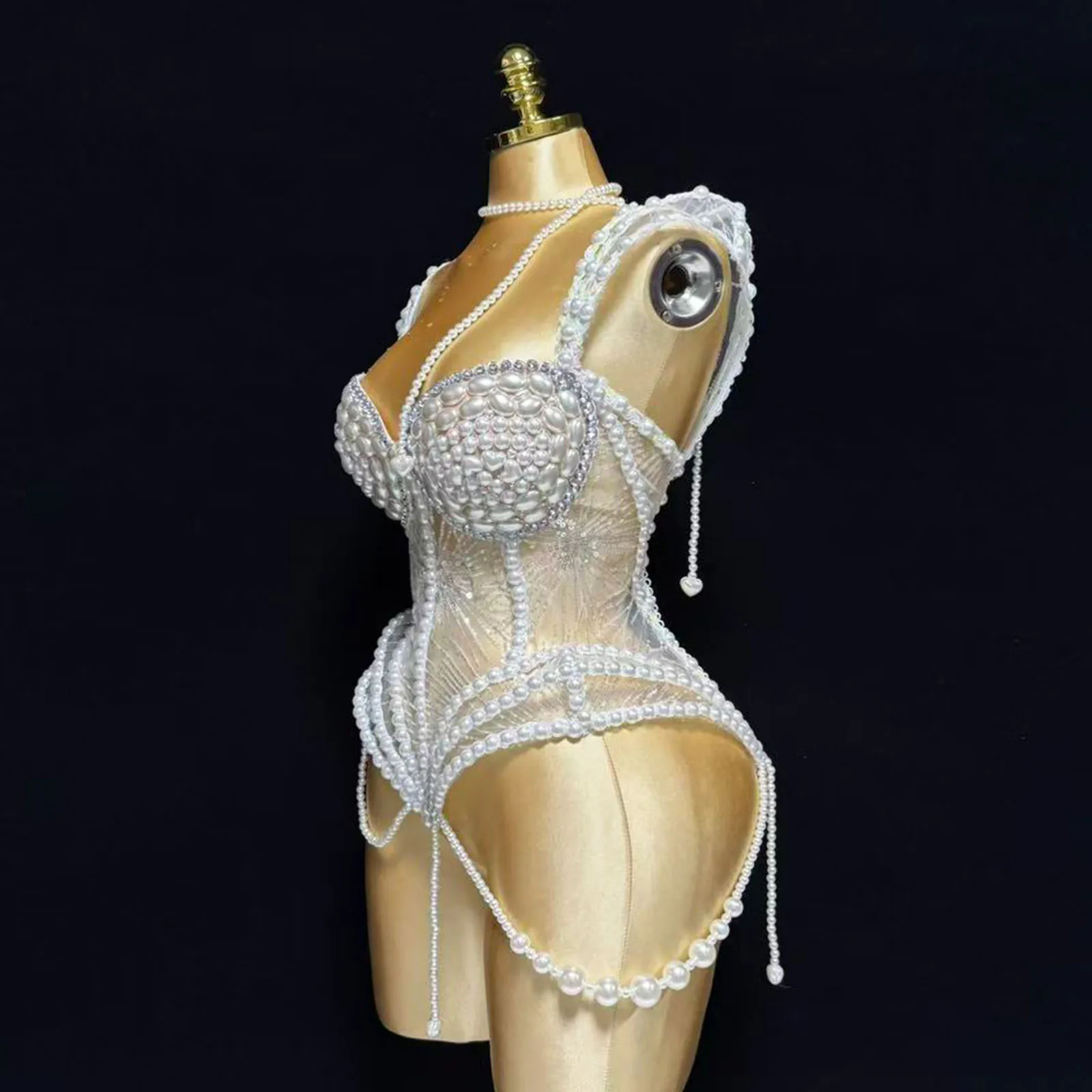 Nouveau GOGO blanc perle spectacle fille scène Sexy femmes discothèque fête anniversaire culture hauts porter chanteur Performance glisser reine Costumes