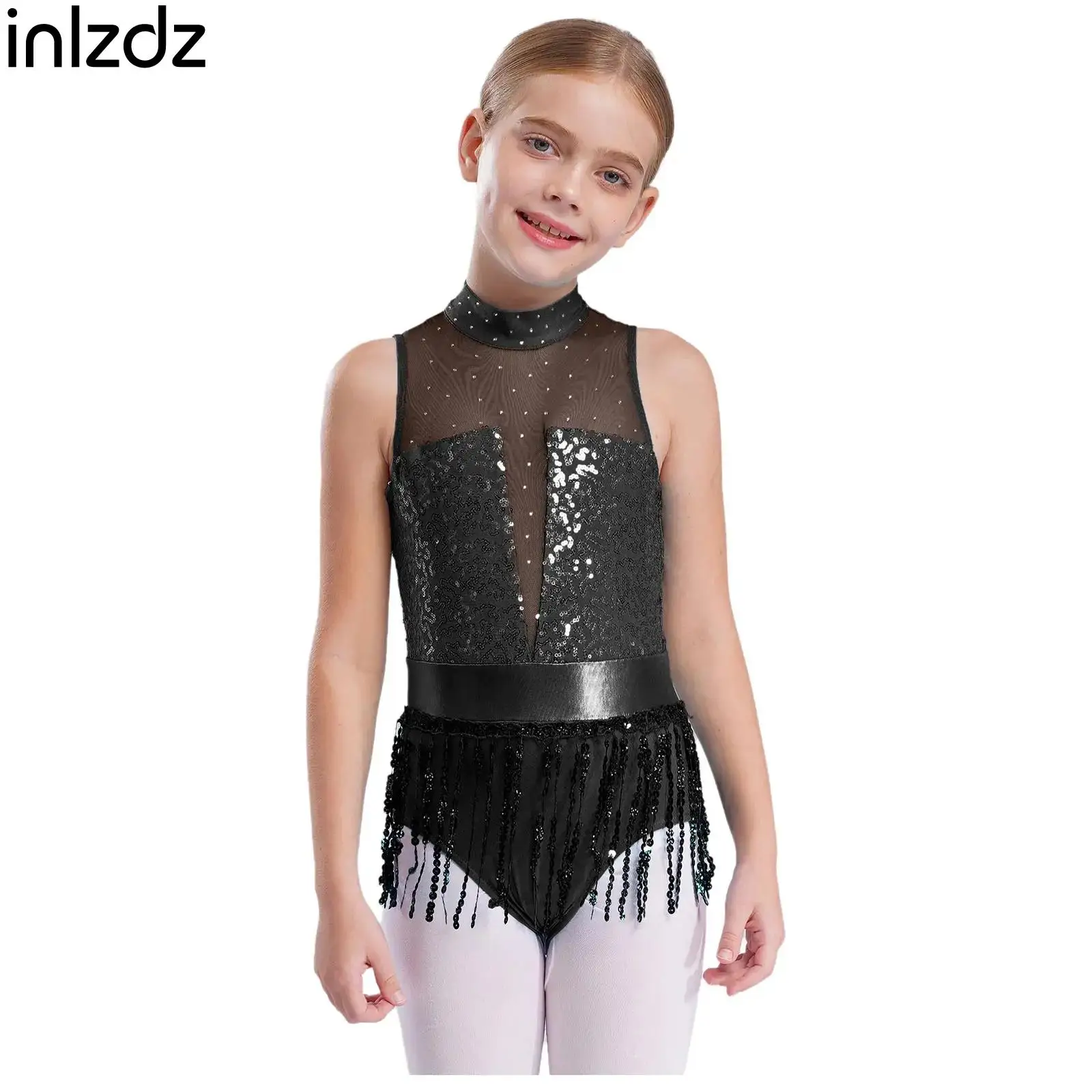 

Girls Latin Jazz Dance Leotard Tango Cha-cha Samba Dance Clothes Sparkly Tassels Sequin Sleeveless Fringed Bodysuit Dancewear