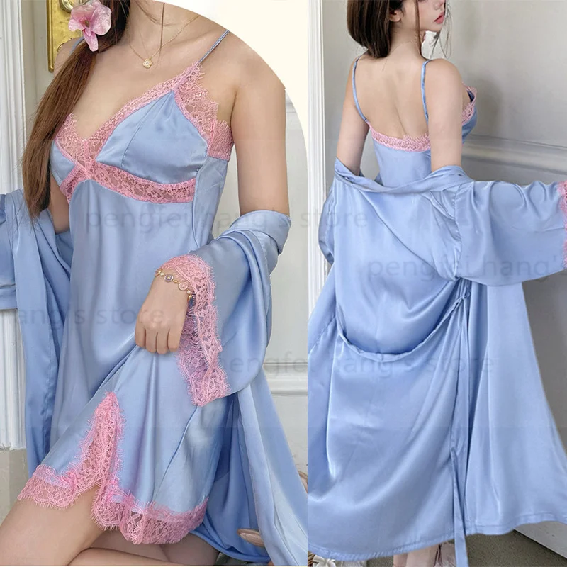

Blue Spaghetti Strap Women Elegant Homewear 2Pcs Robe Set Vestidos De Novia Lingerie Sexy Lace Patchwork Nightdress Home Dress