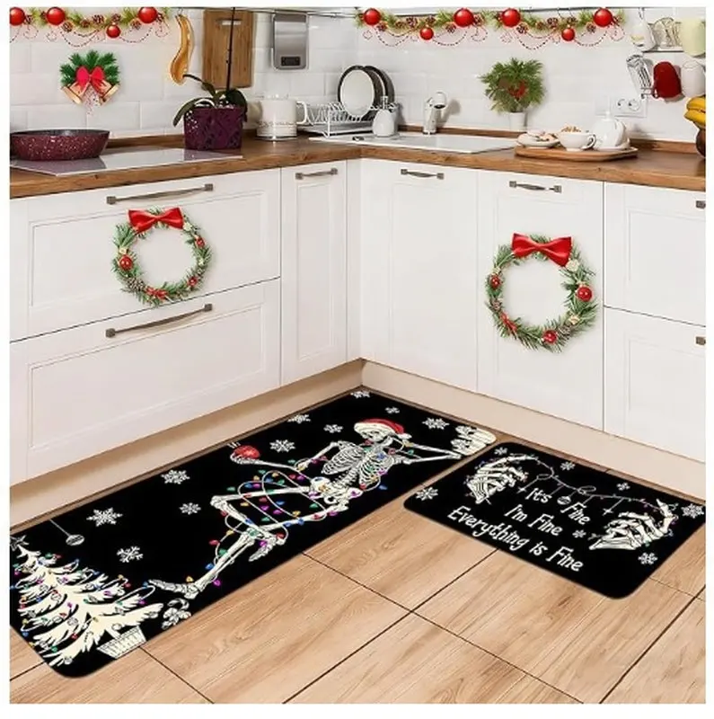VIKAMA Cartoon Dancing Santa Claus Christmas Tree Merry Xmas, Non Slip Washable Absorbent Soft Rug Set, Xmas Home Decor Gift