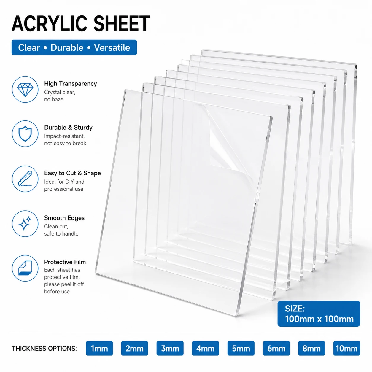 1-10Pcs Clear Cast Acrylic Sheet, Transparents Plastic Square Glass for Signage, Crafts, Photo Frames & DIY Display Projects