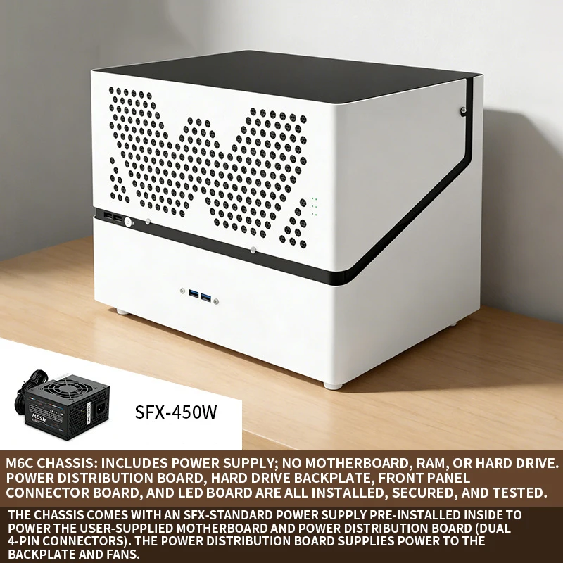 6-bay NAS chassis with SATA backplane, supporting 2.5-inch and 3.5-inch hard drives and solid-state drives; SFX power supply; DI
