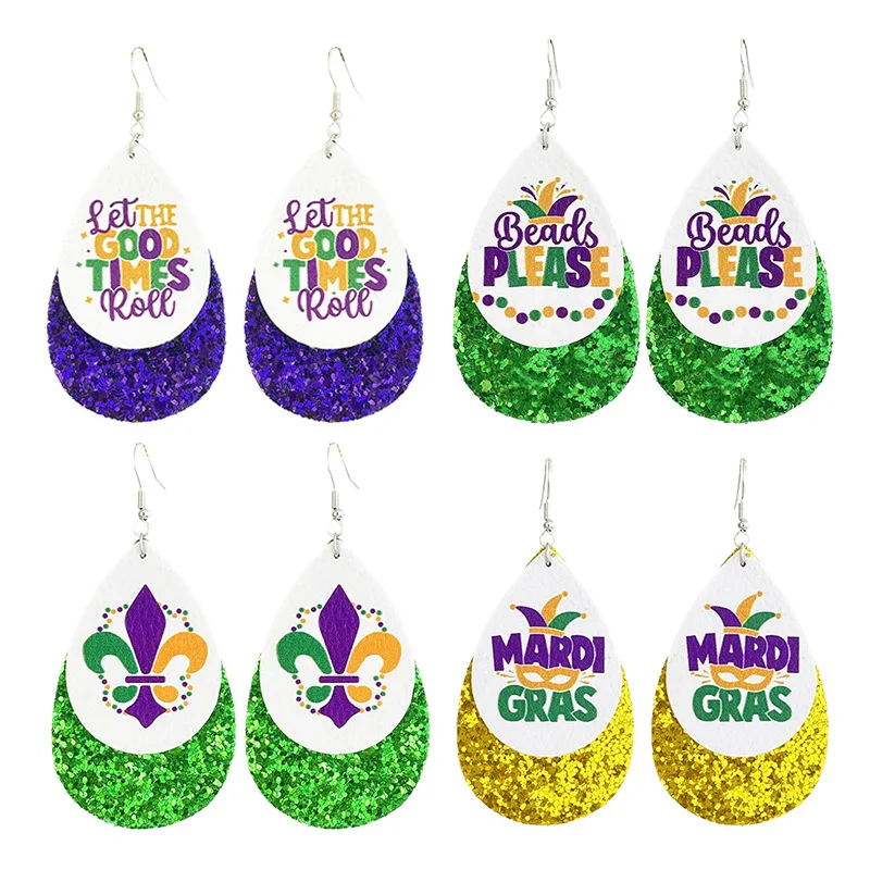 

4 Pair - Purple Glitter Layered Mardi Gras Earrings Pack for Women Mardi Gras Green Chunk Teardrop Earring Set Wholesale