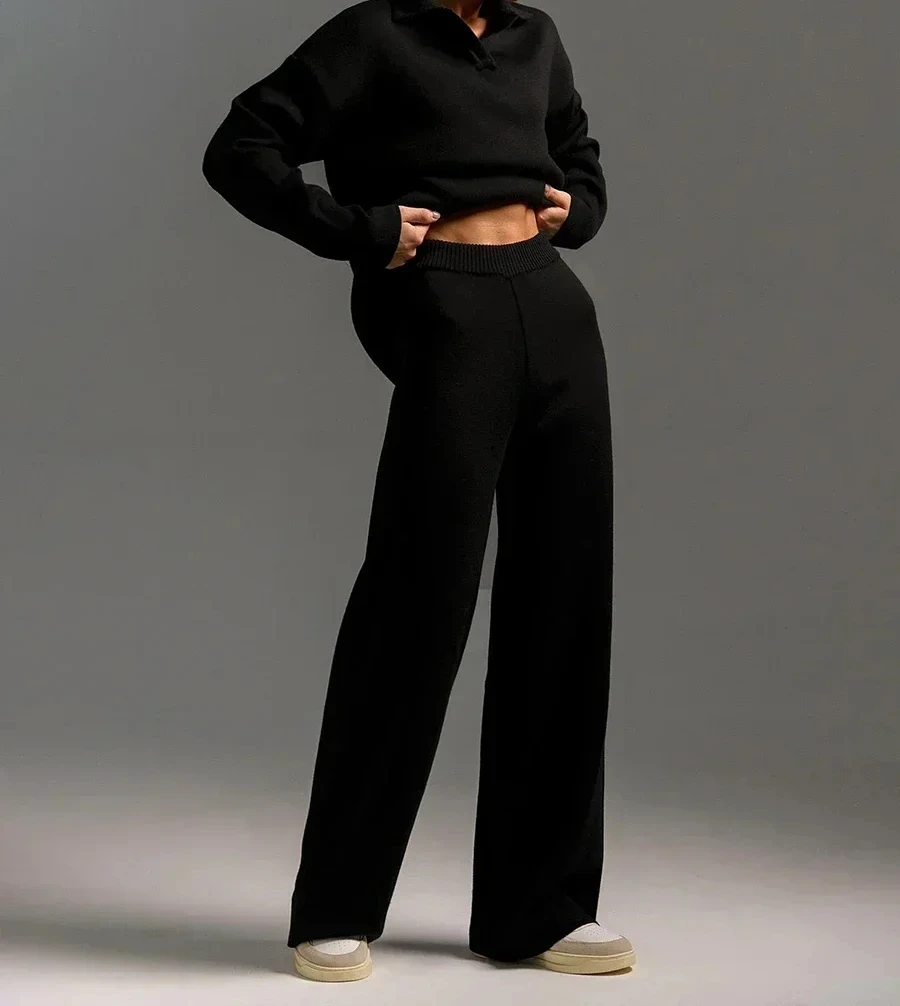 Setelan pakaian rajut wanita, setelan 2 potong tebal, Sweater Polo leher & celana kaki lebar, pakaian rajut 2024