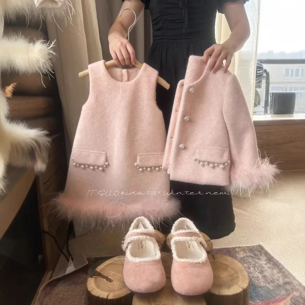 Girls' Korean Children's Clothing Woolen Suit  Winter New Style Western-style High-end Children's Coat Vest Two-piece Set