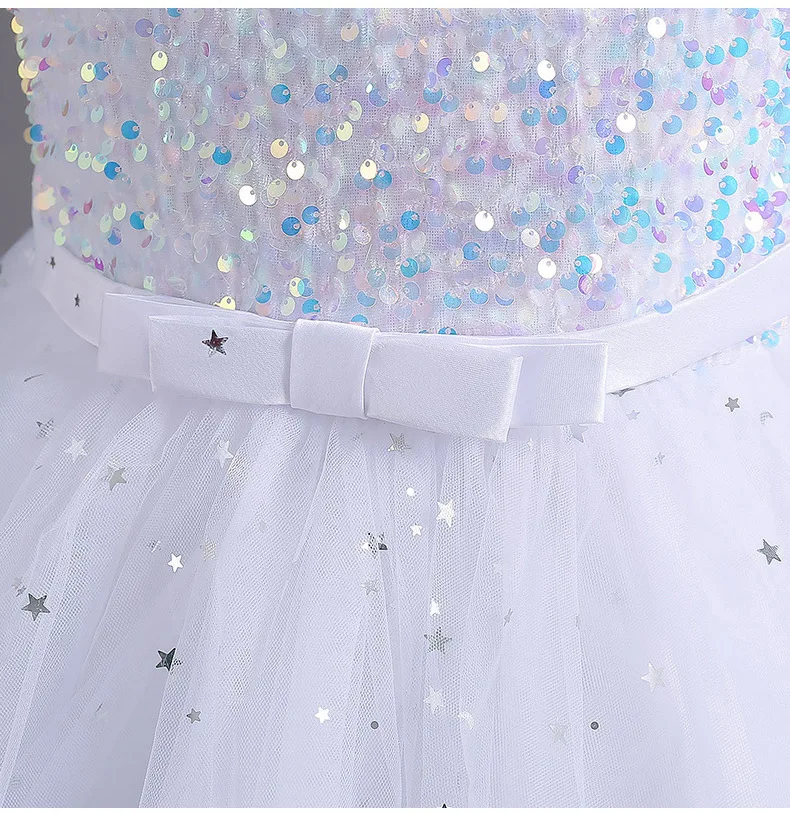 Glitter Sequin Hi-Lo Child Flower Girl Dresses Birthday Tulle Sleeveless Bow Starry Princess Kids Wedding Party Formal Gown