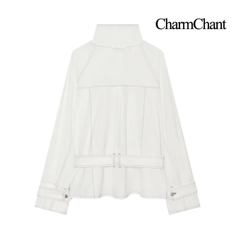 CHARMCHANT Women's White Contrast Stitch Stand Collar Cargo Jacket Short Coat Metal Button Pocket Casual Outerwear Spring 2026