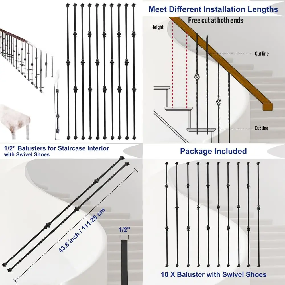 Set of 10 Iron Balusters, 1/2 Hollow Square, Double & Single Knuckle, 20 Swivel Shoes, Suitable for Indoor & Outdoor Stair Rails