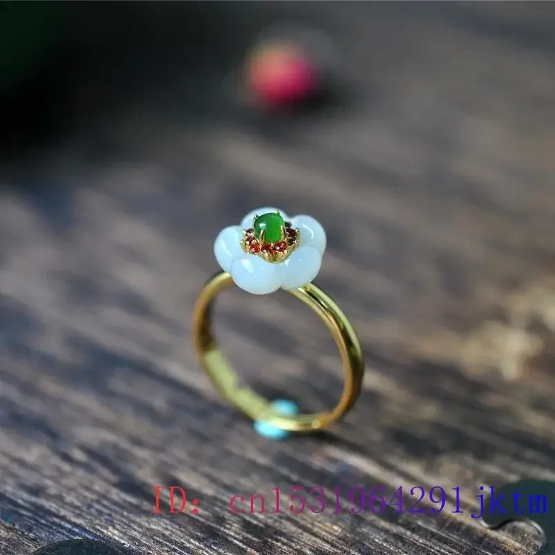 White Jade Flower Rings Real Charm Jewelry 925 Silver Adjustable Ring Women Carved Natural Charms Gift Amulet Talismans