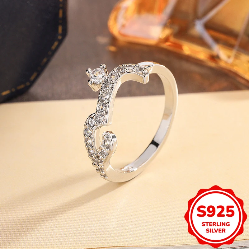 

Simple authentic S925 sterling silver slit crown four-prong full diamond geometric ring for women's daily commuting gift jewelry