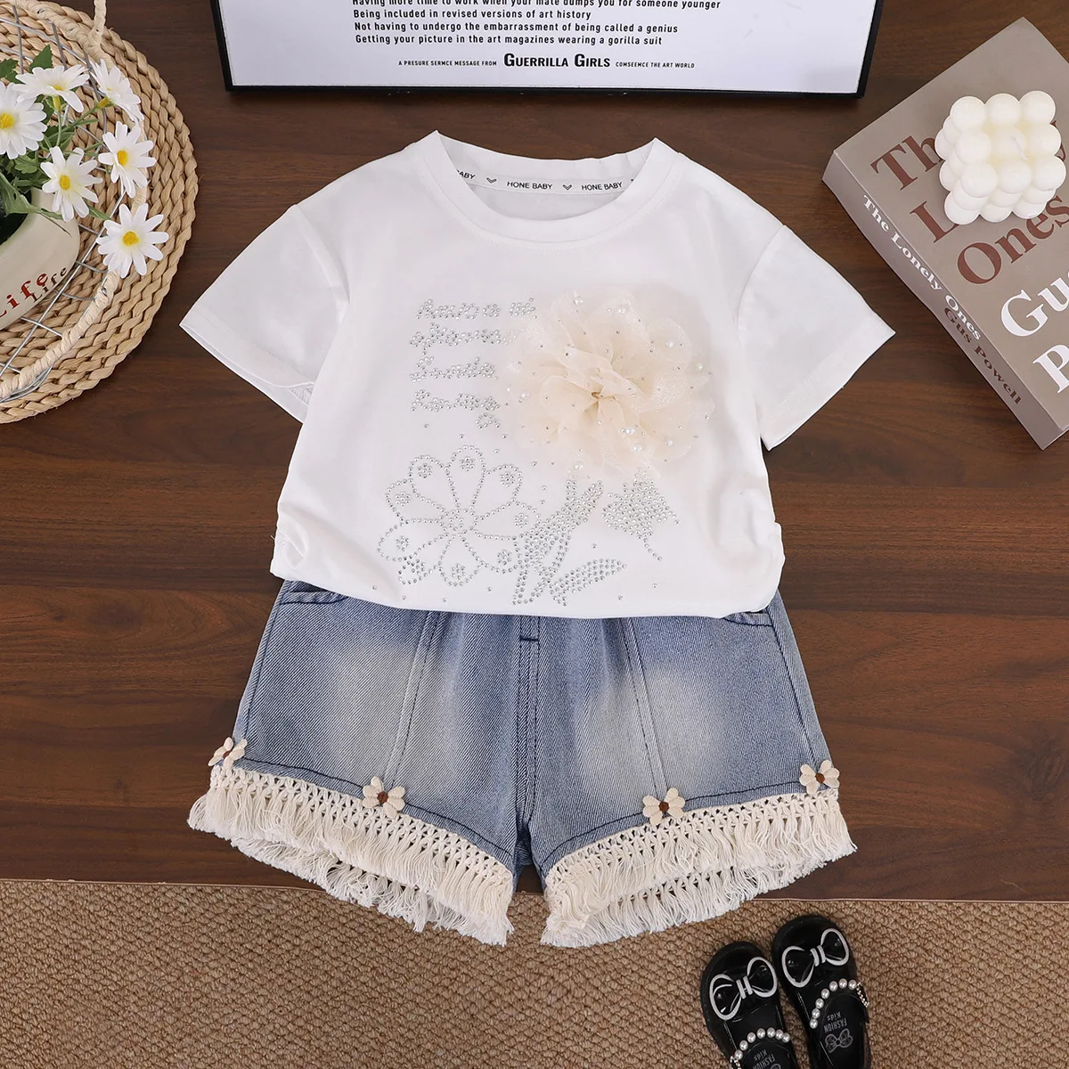 2026 Summer Children Clothing Set Girls Bling Rhinestone Tee Stylish Fringe Jeans Casual Versatile Daily Wear for Little Girls