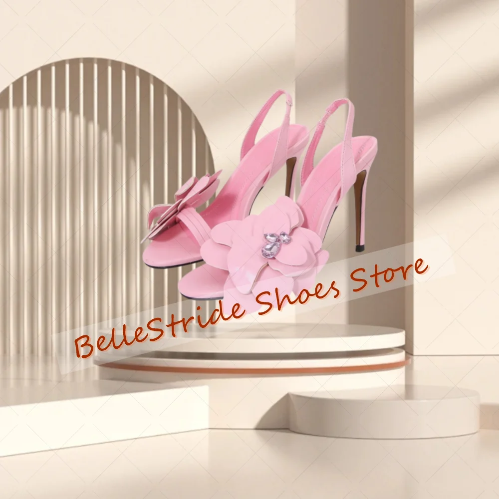 

Pink Flower Decor Open Toe Sandals Matte Leather Women Shoes Stilettos High Heels Party Banquet Dating 2025 Zapatos Para Mujere