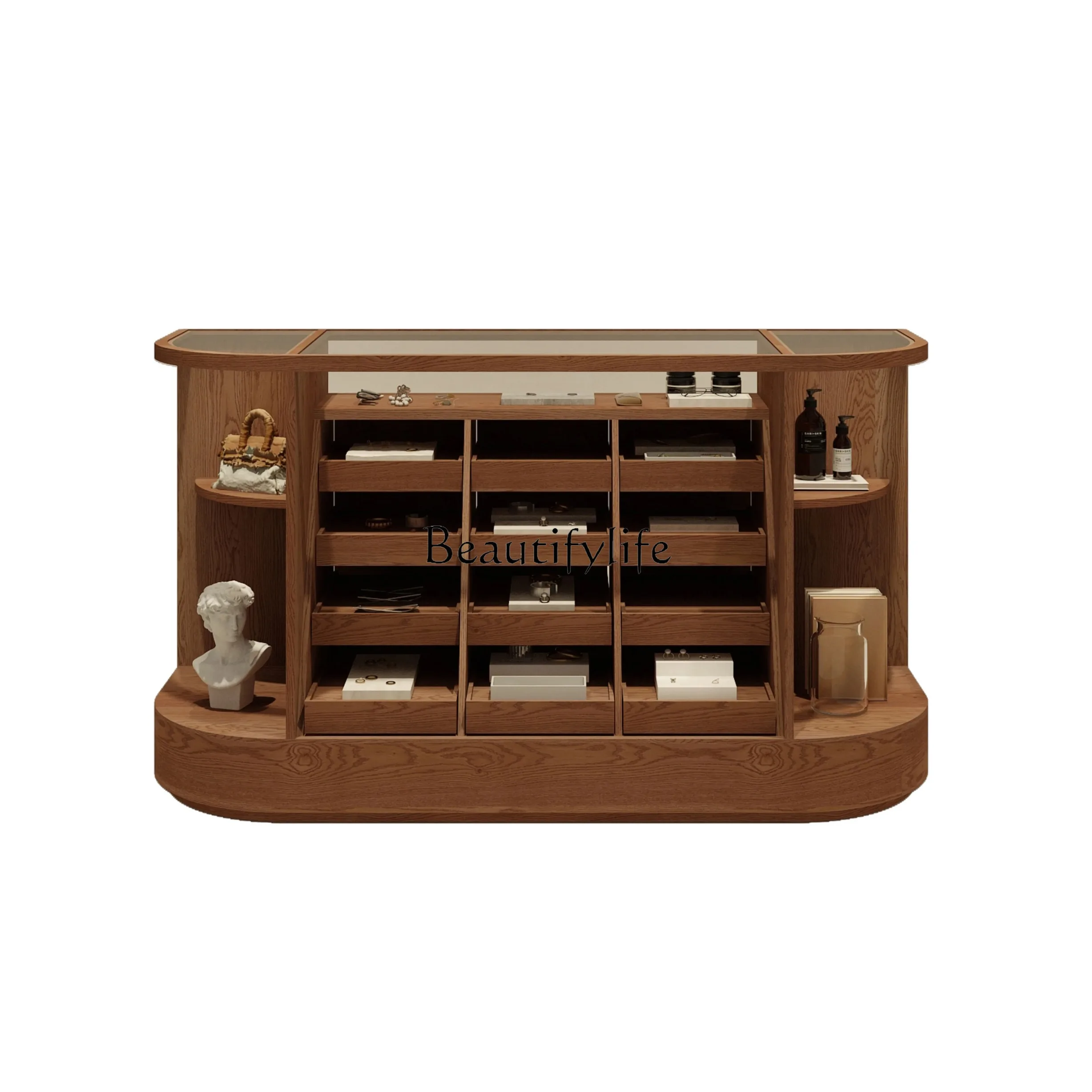 

*Retro multi-layer multi-grid arc middle island display cabinet, jewelry store display, wall side cabinet